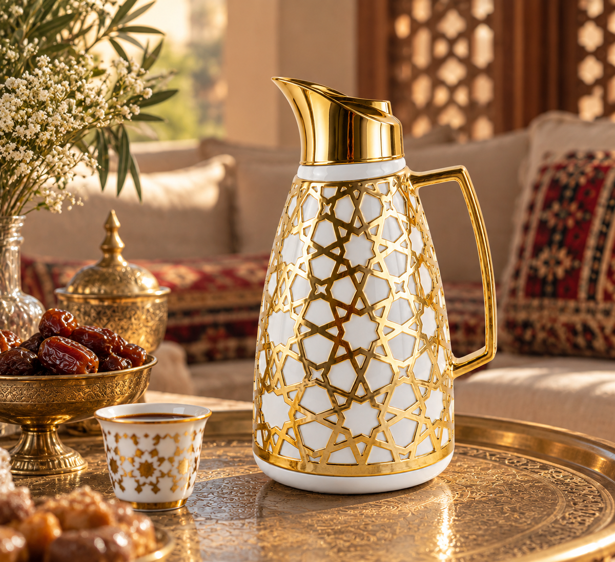 Luxury Geometric Thermal Flask – White & Gold