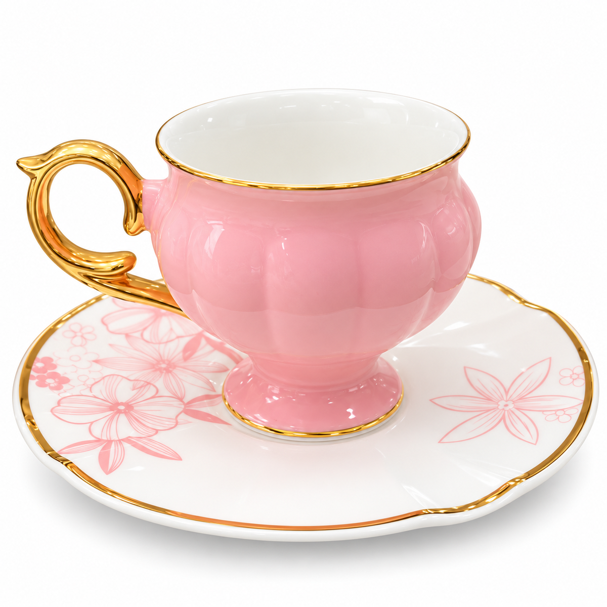 Elegant Floral Porcelain Coffee Cup Set –Baby Pink & Gold