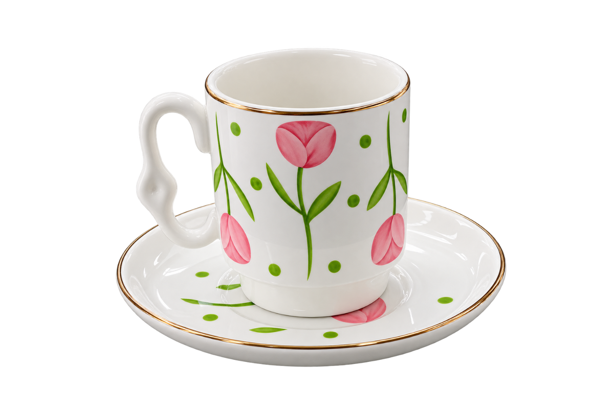 Pink Tulip Turkish Coffee Cup & Saucer Set