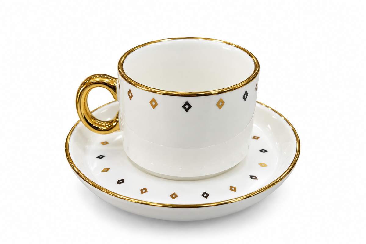 Golden Diamond Coffee Cup & Saucer Set – White & Gold