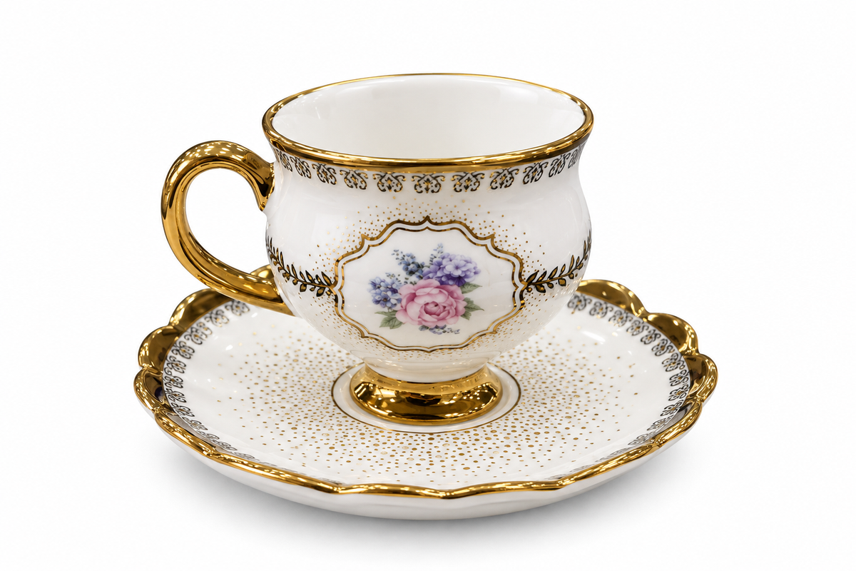 Royal Blossom Turkish Coffee Cup & Saucer Set – White & Gold