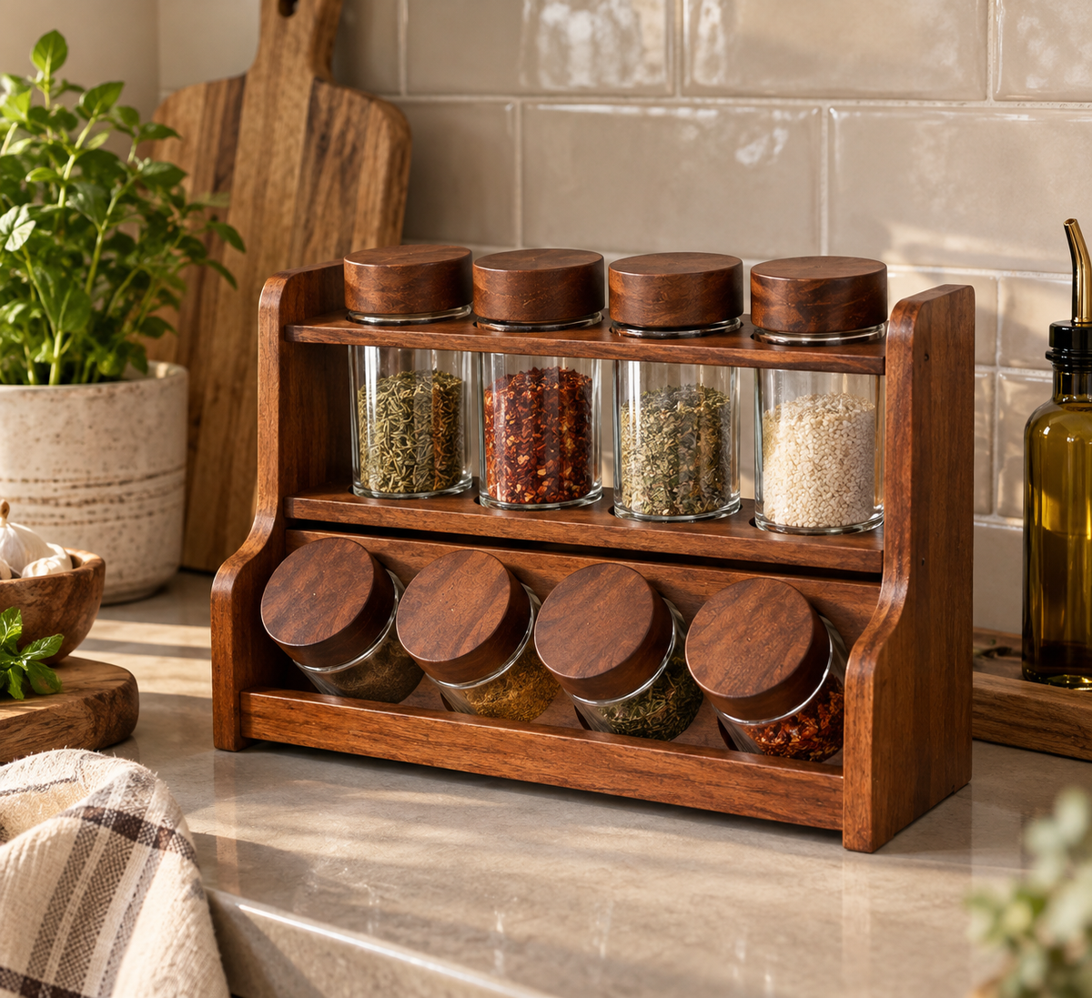 Two-Tier Wooden Spice Rack with 8 Glass Jars