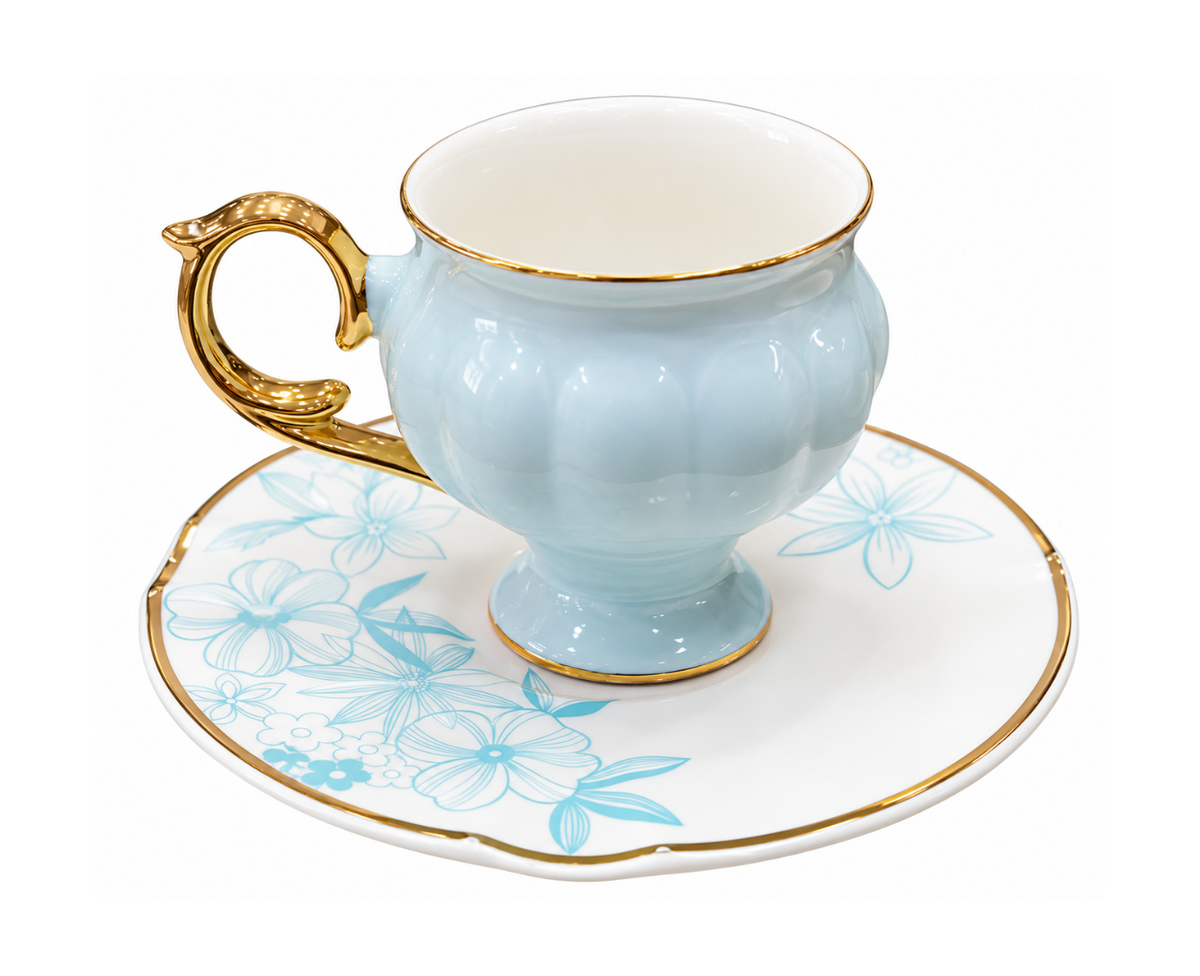 Elegant Floral Porcelain Coffee Cup Set – Light blue & Gold
