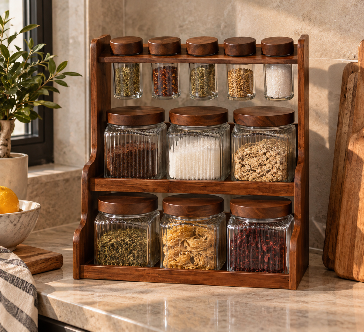 Wooden Kitchen Organizer with Glass Storage Jars – 11 Pieces