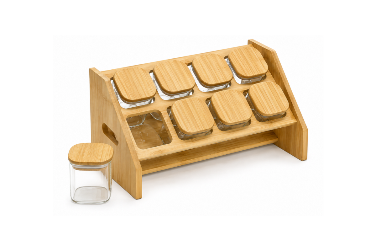 Natural Bamboo Spice Rack with 8 Glass Jars