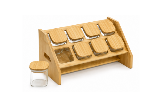 Natural Bamboo Spice Rack with 8 Glass Jars