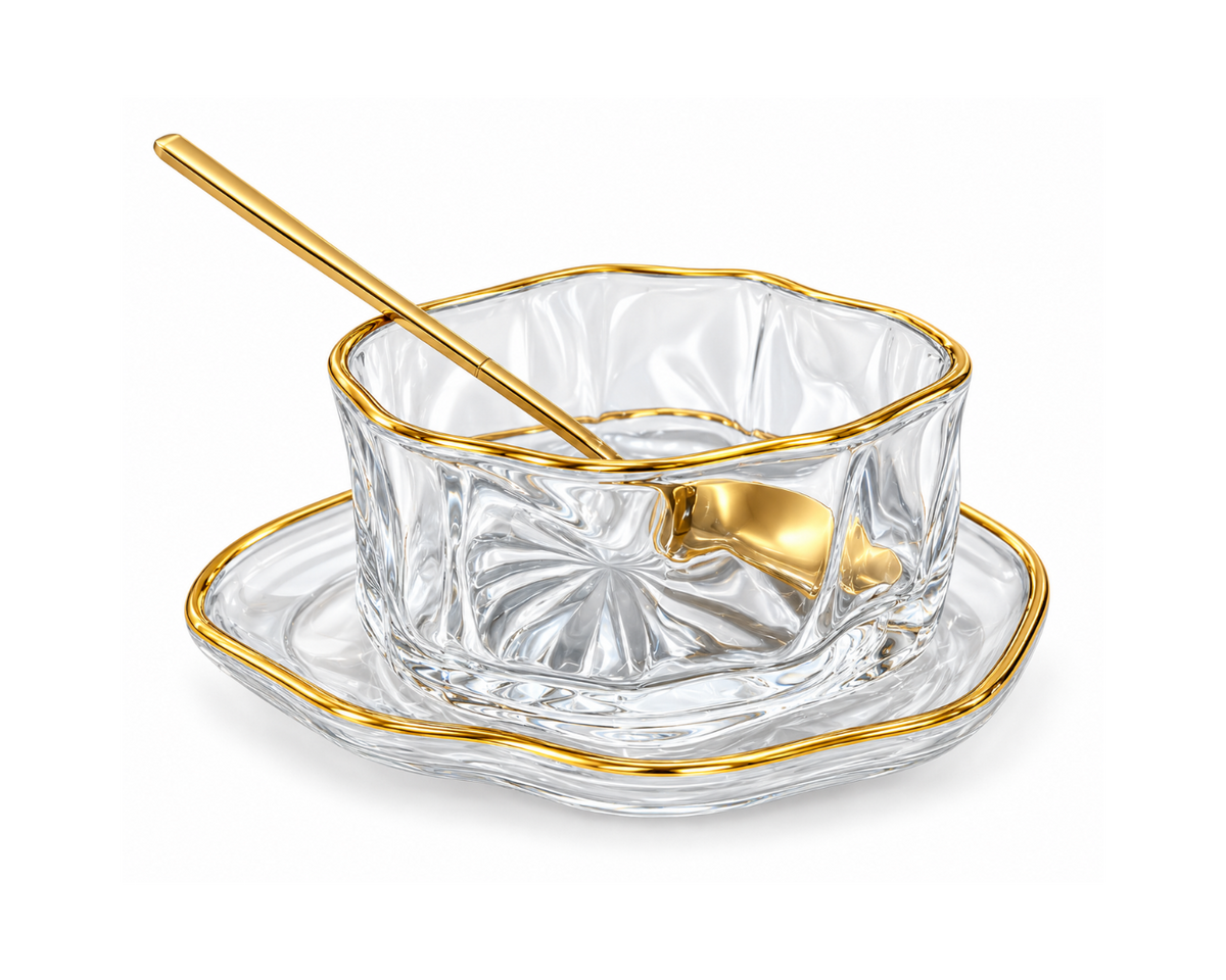 Luxury Gold-Rimmed Glass Dessert Bowl with Plate & Spoon