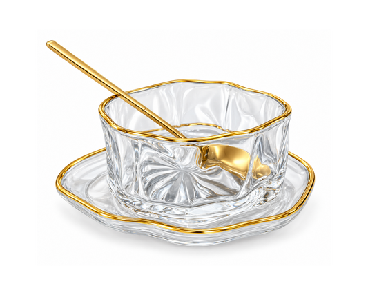 Luxury Gold-Rimmed Glass Dessert Bowl with Plate & Spoon