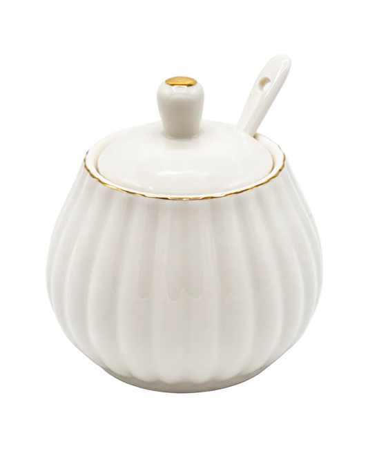 White Porcelain Sugar & Spice Container with Spoon
