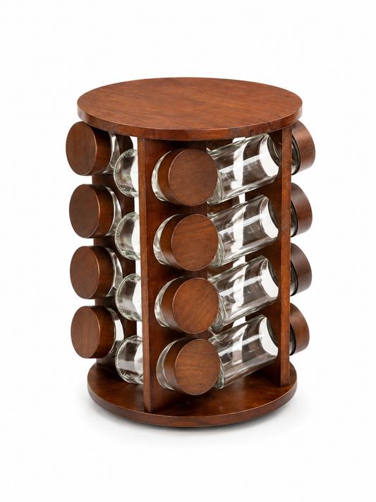 Rotating Wooden Spice Rack with Glass Jars – 16 Pieces