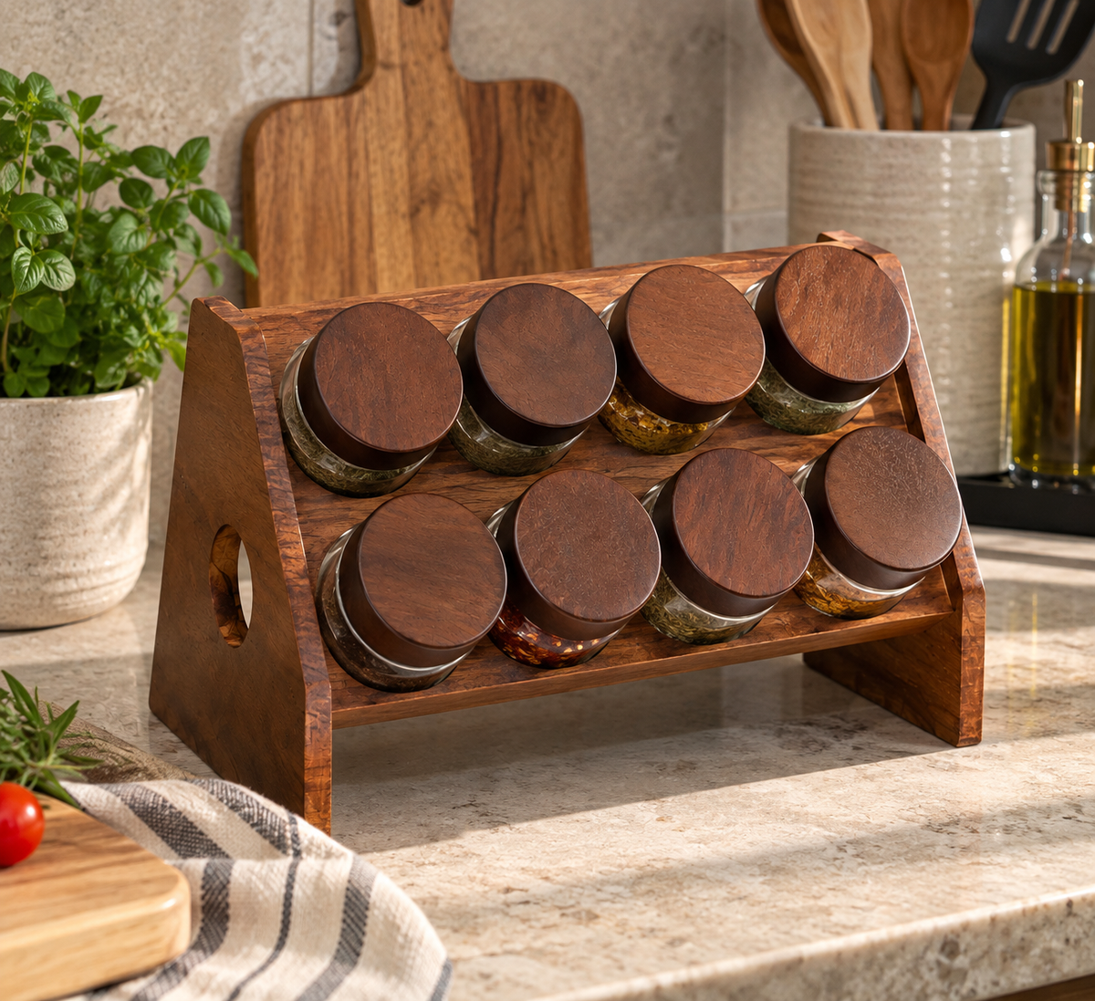 Angled Wooden Spice Rack with 8 Glass Jars