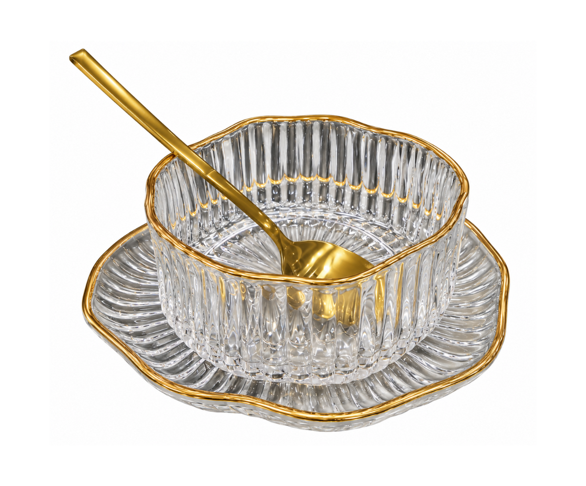 Elegant Ribbed Glass Dessert Bowl Set – Gold Trim