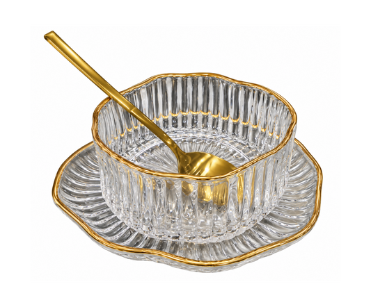 Elegant Ribbed Glass Dessert Bowl Set – Gold Trim