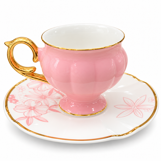 Elegant Floral Porcelain Coffee Cup Set –Baby Pink & Gold