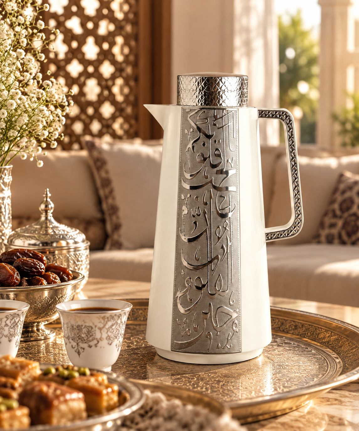 Luxury Arabic Calligraphy Thermal Flask – White & Silver