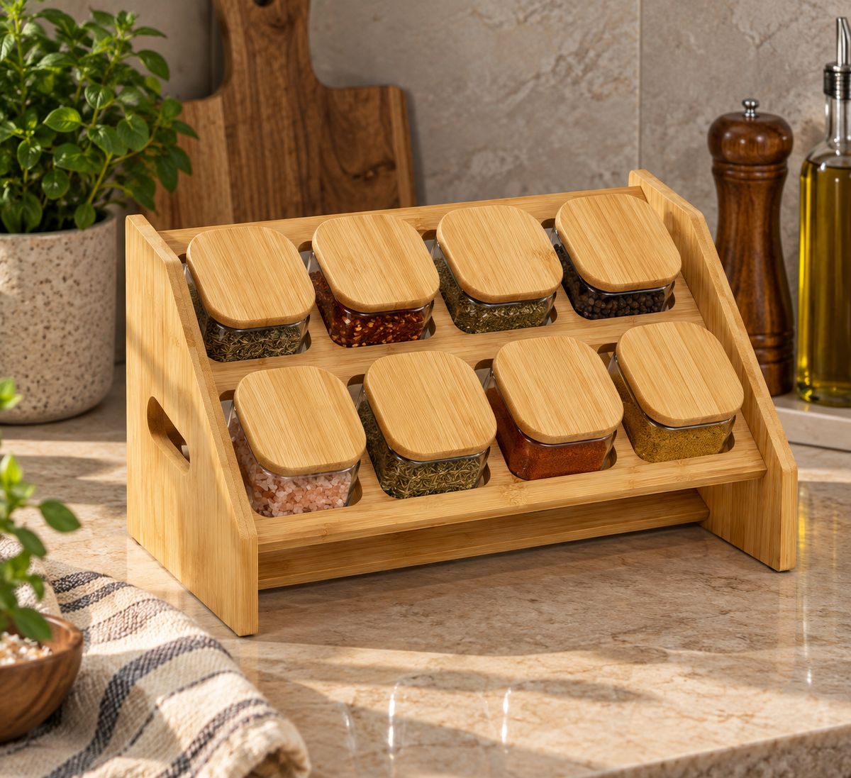 Natural Bamboo Spice Rack with 8 Glass Jars