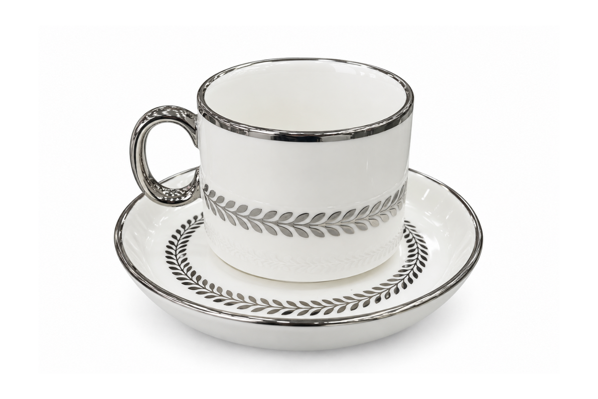 Silver Laurel Tea Cup & Saucer Set – White & Silver