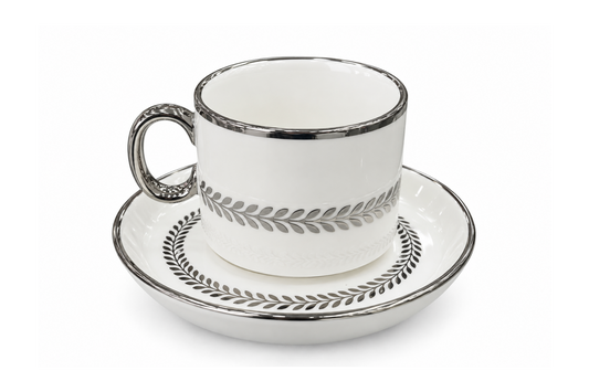 Silver Laurel Tea Cup & Saucer Set – White & Silver