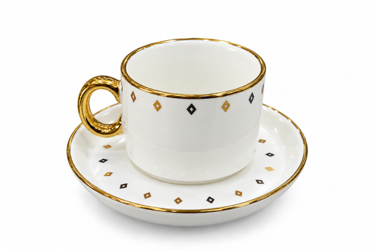 Golden Diamond Coffee Cup & Saucer Set – White & Gold