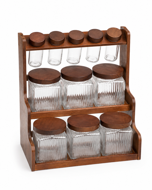 Wooden Kitchen Organizer with Glass Storage Jars – 11 Pieces