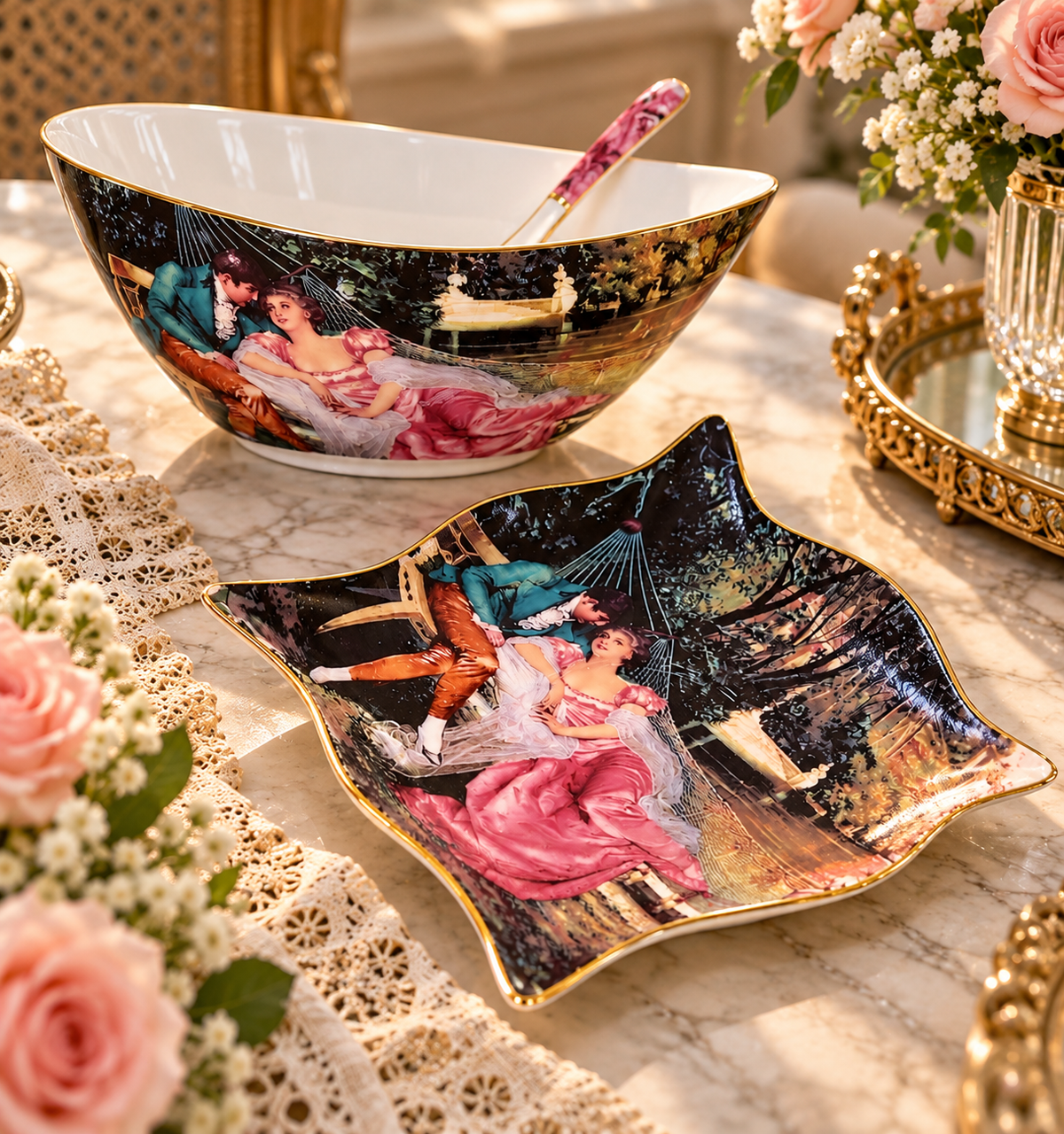 Vintage Romance Porcelain Serving Bowl & Plate Set – Gold Accents