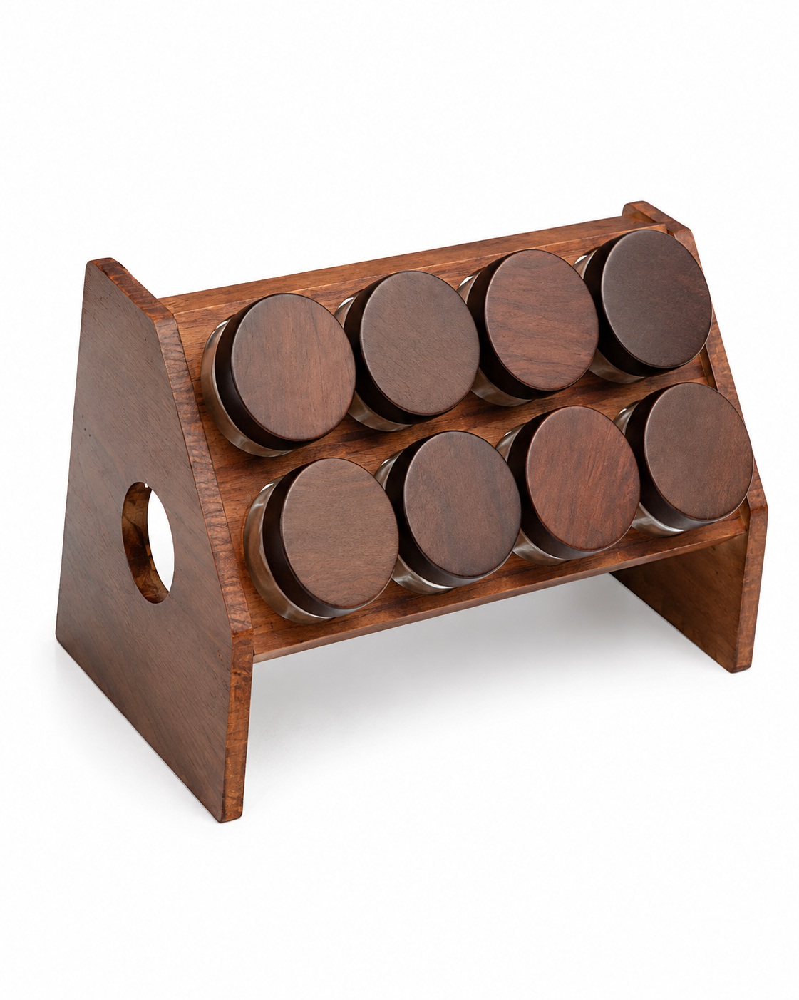 Angled Wooden Spice Rack with 8 Glass Jars