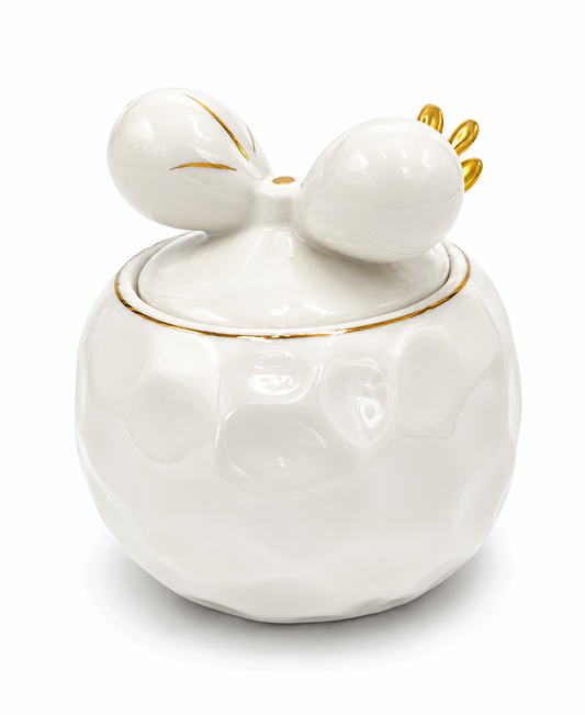 Luxury White Bow Porcelain Sugar & Matte Container with Gold Spoon
