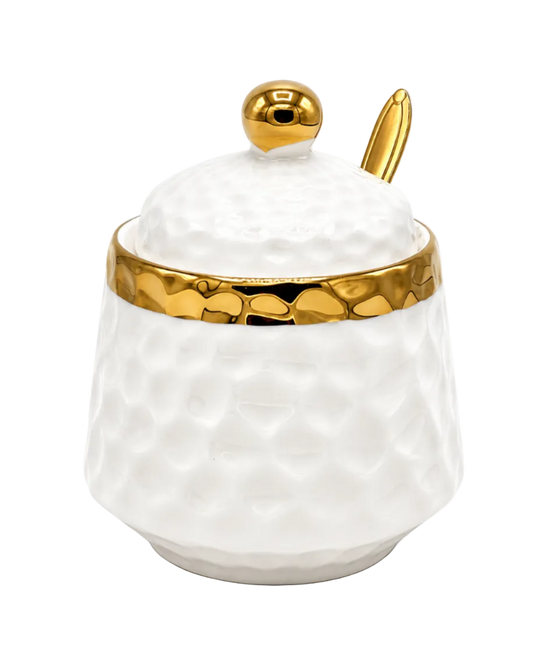 Luxury White Porcelain Sugar & Matte Container with Gold Spoon