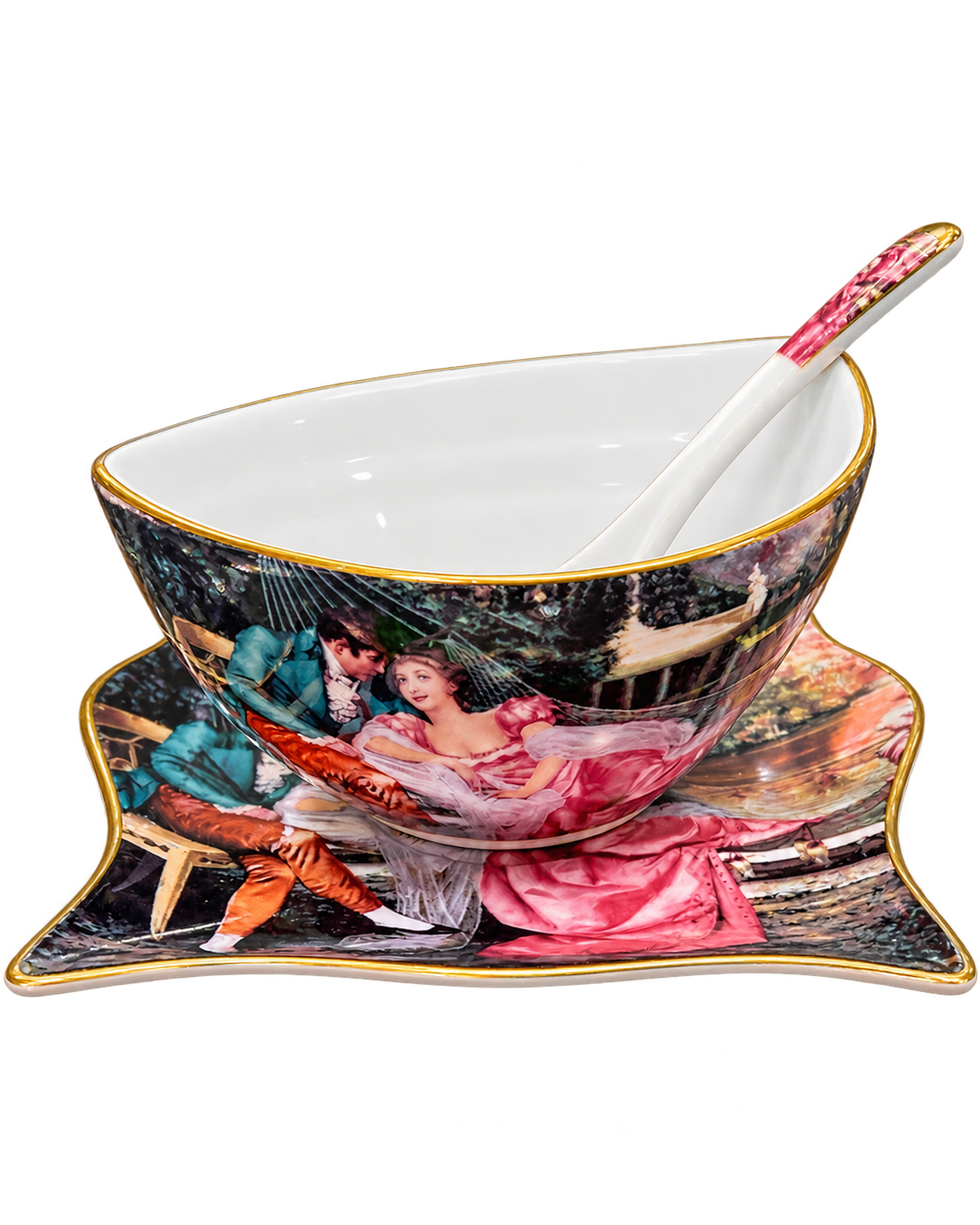Vintage Romance Porcelain Serving Bowl & Plate Set – Gold Accents