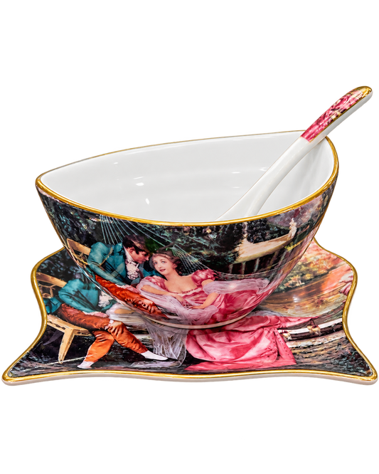 Vintage Romance Porcelain Serving Bowl & Plate Set – Gold Accents