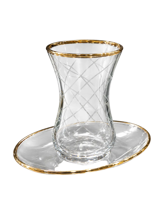 Turkish LAV Tea Glass Set with Hand Etched Design