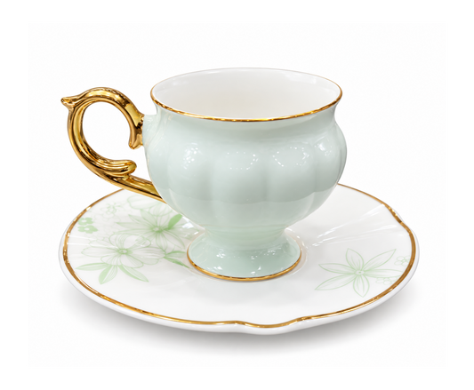 Elegant Floral Porcelain Coffee Cup Set – Light Green & Gold
